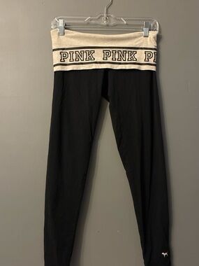 PINK Victoria's Secret Black Leggings with Cream Fold-Over Waistband